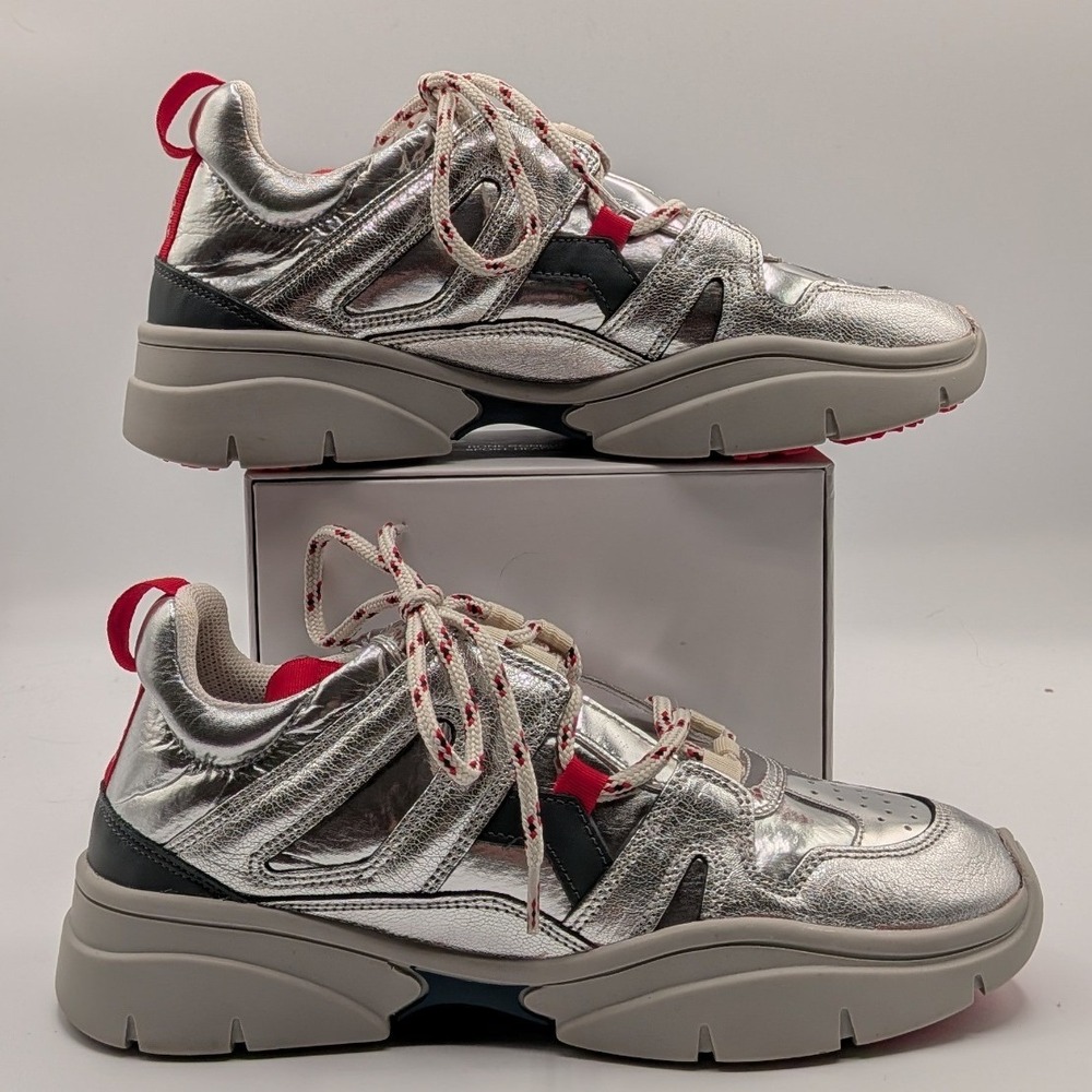 Isabel Marant 37EU 7US $590 Kindsay Metallic Silver Red Chunky Low Top Sneakers - Picture 5 of 12
